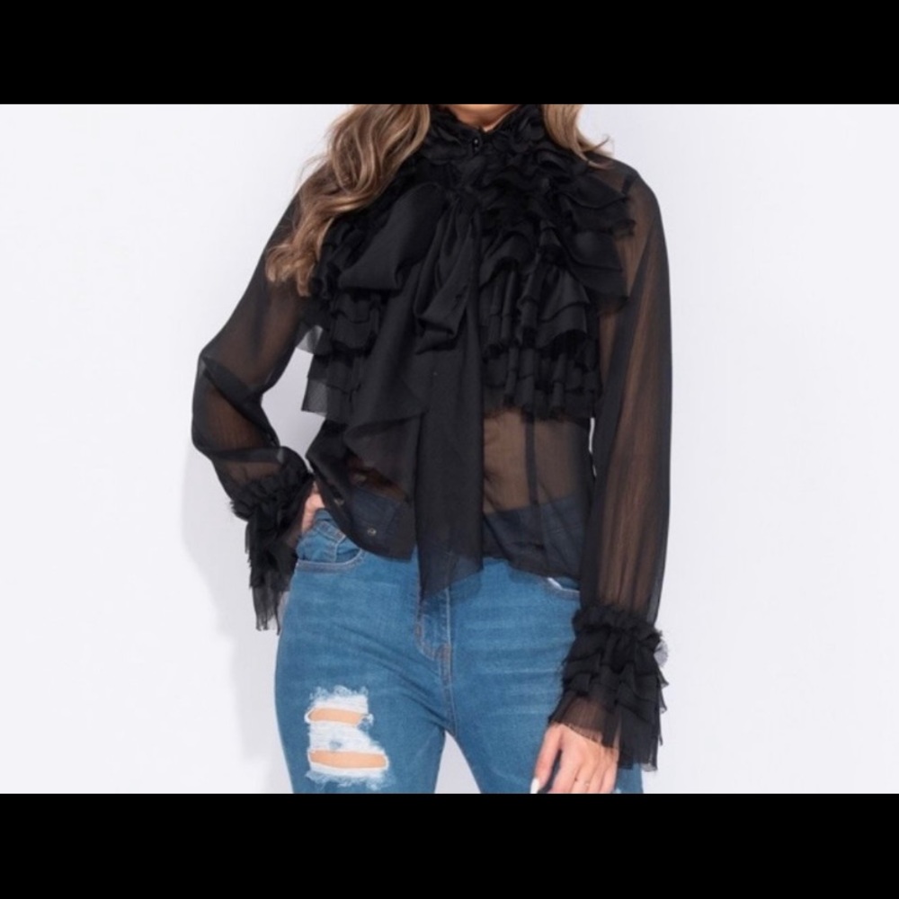 Black Sheer Pussy Bow Blouse